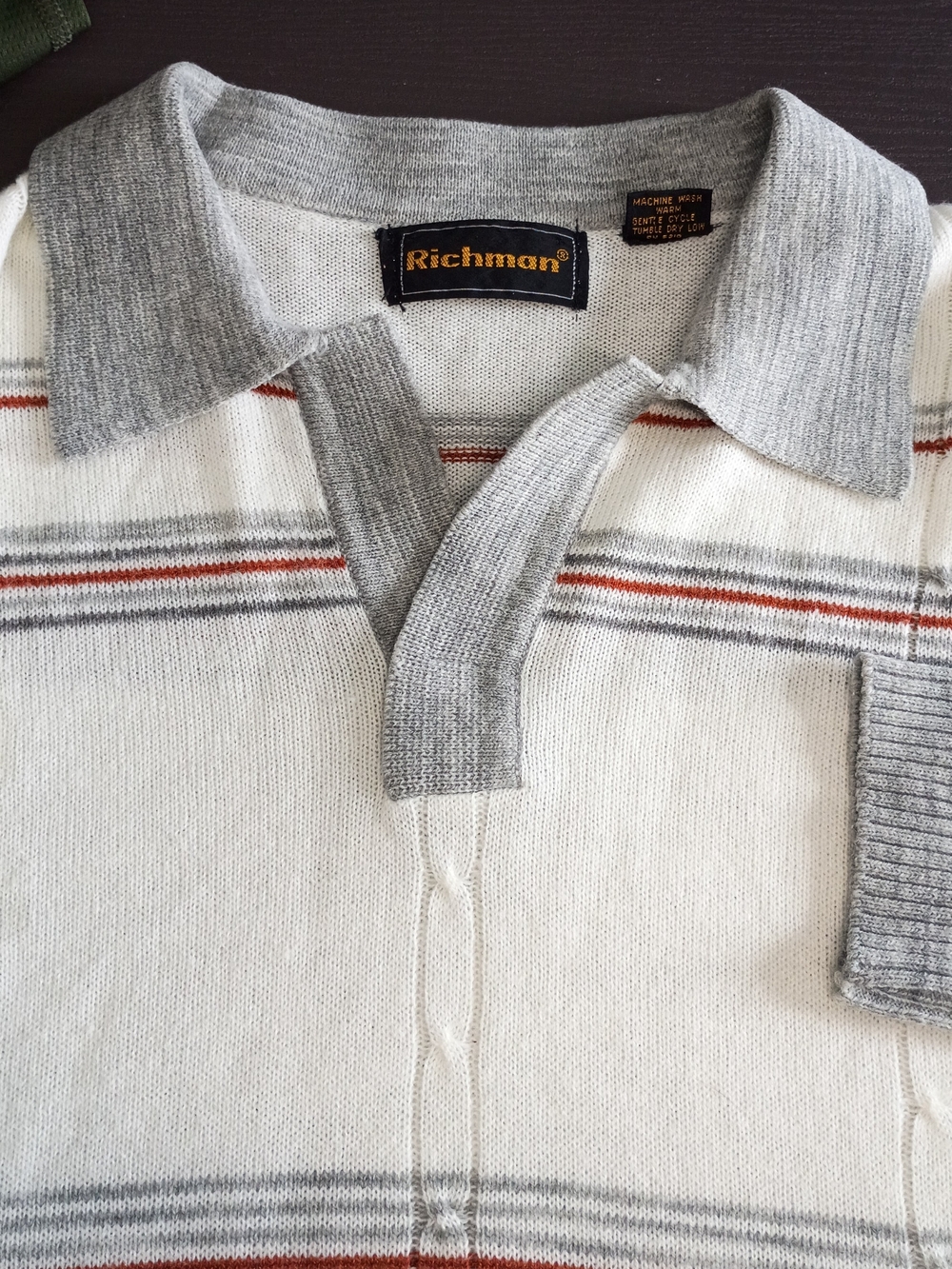 Men's Cream V‑Neck Polo Sweater with Gray Trim. Men's 52" Chest Very Lightweight